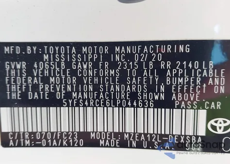 2020 Toyota Corolla Se from USA, damaged, VIN 5YFS4RCE6LP044636